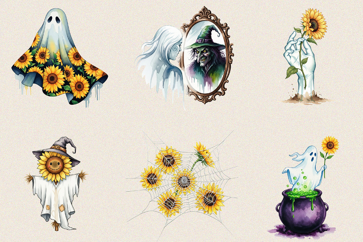 Witchy Sunflower Ghost Halloween Cli, an Illustration by SVGArt (Photo 5 of 8)