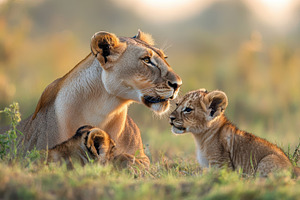 Lioness and cubs resting in the tall, an Animal Photo by Pixeness Studio