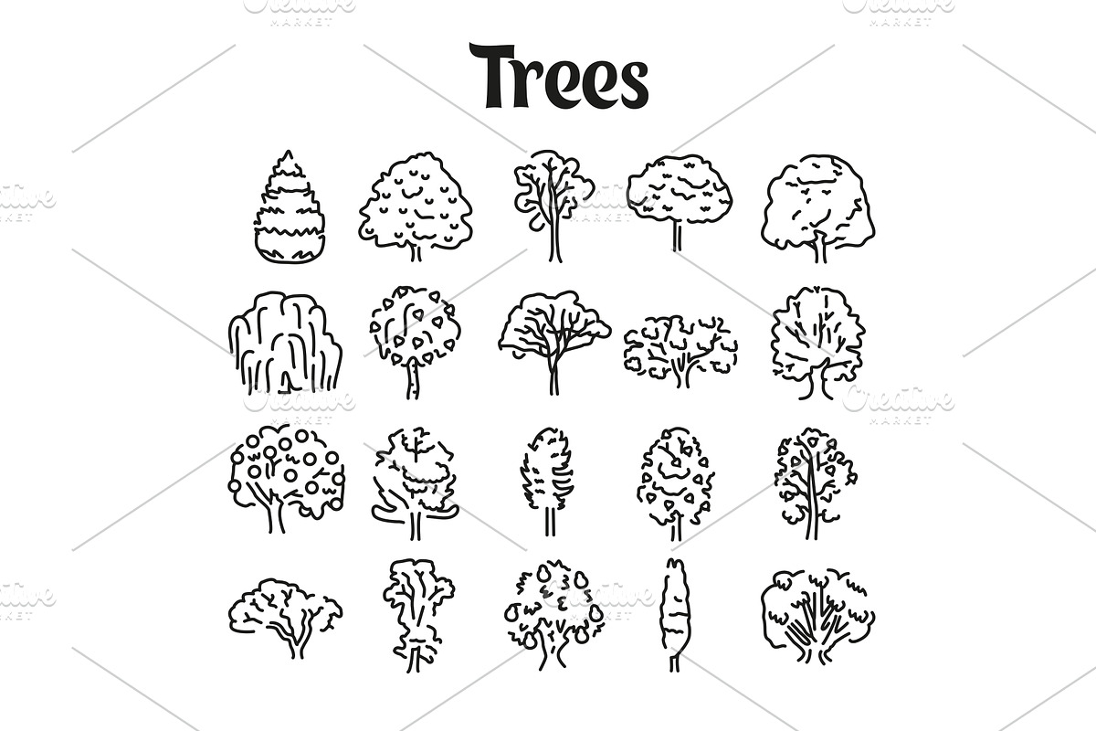 Trees line icons set. Isolated, an Illustration by Backwoods_studio