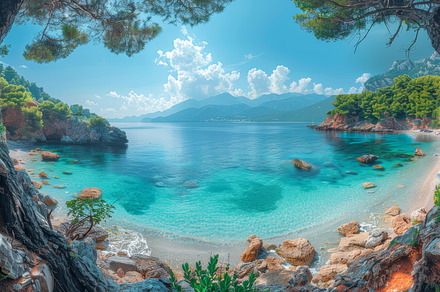 Panoramic Morning View of Antisamos Beach, Kefalonia: Pristine Waters and Lush, a Photo by AS photostudio