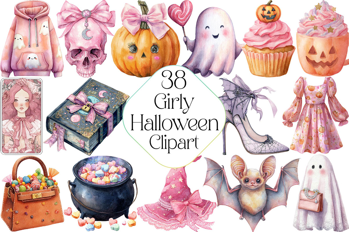 Watercolor Girly Halloween Clipart, an Illustration by DreamPrint404 (Photo 1 of 5)