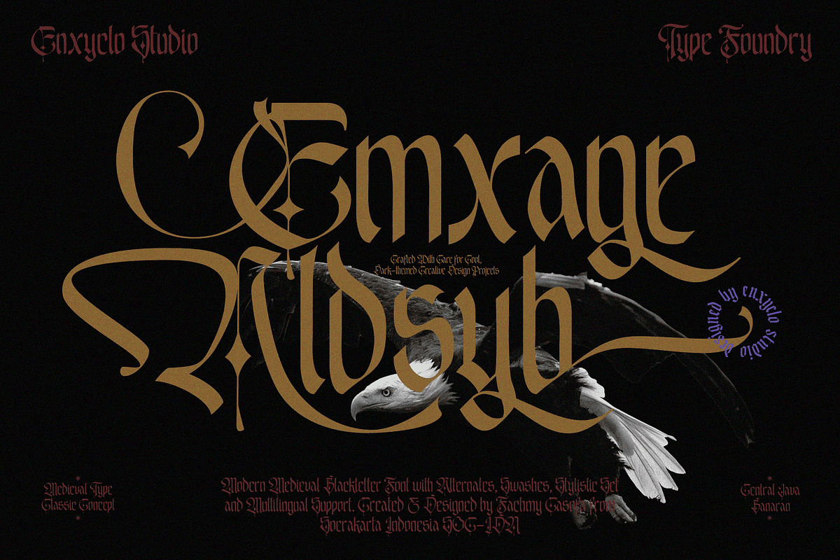 Emxage Aldsyb — Blackletter Font, a Blackletter Font by Enxyclo Studio (Photo 1 of 18)