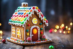 Christmas gingerbread house cookie on wooden background, a Food & Drink Photo by AlyaAnd