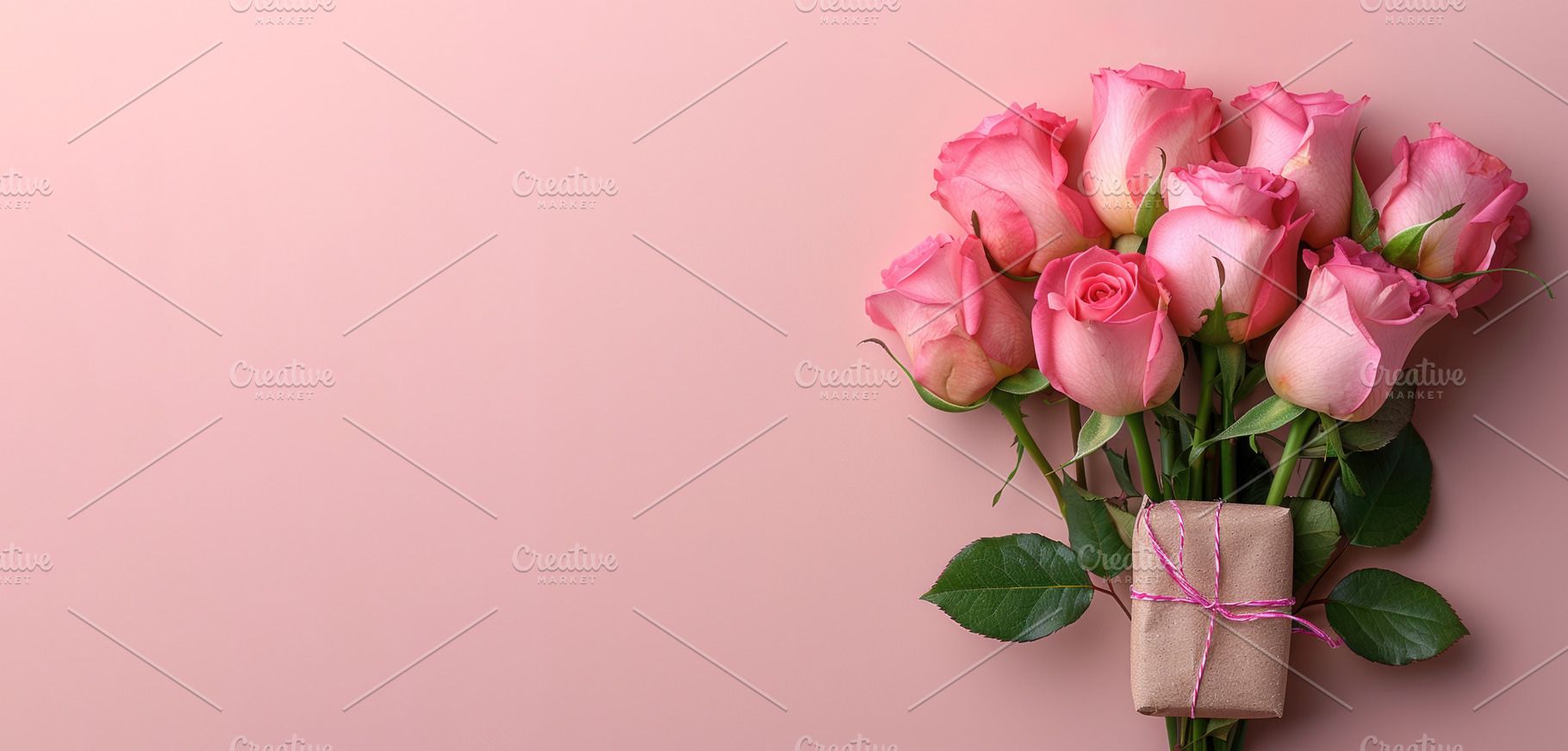 Pink roses bouquet with small gift box on pastel background copy, a Holiday Photo by José Manuel Gelpi