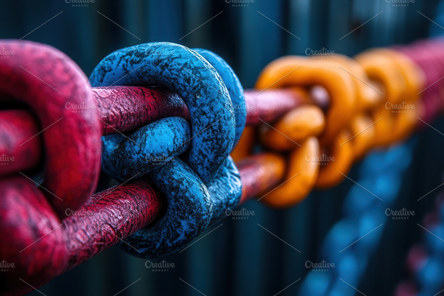 Colorful metal chains link together, a Photo by Tanuart