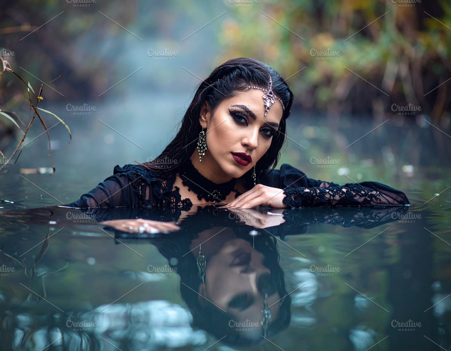 beautiful young goth woman in pond AI generated, a Photo by WorldOfPhotos