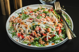 Fresh Tuna Salad with Onions and Cherry Tomatoes. Italian Mediterranean Cuisine, a Food & Drink Photo by Budarinphoto