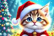 Christmas Kitten in a Whimsical Neon, an Animal Illustration by Sharon Schwalbe (Thumbnail 1 of 2)