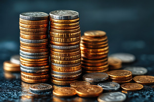 Stacks of coins arranged neatly on a, a Photo by Tanuart