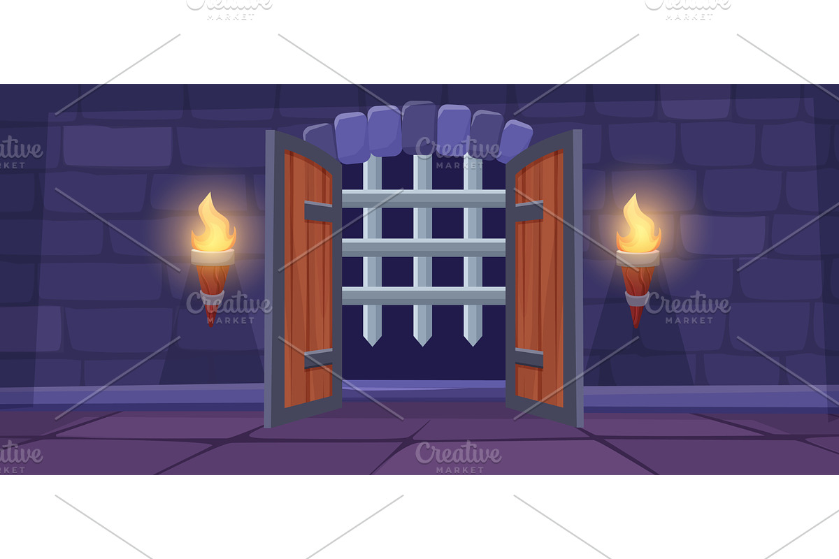 Iron grate and open door in medieval, an Object Illustration by LadadikArt
