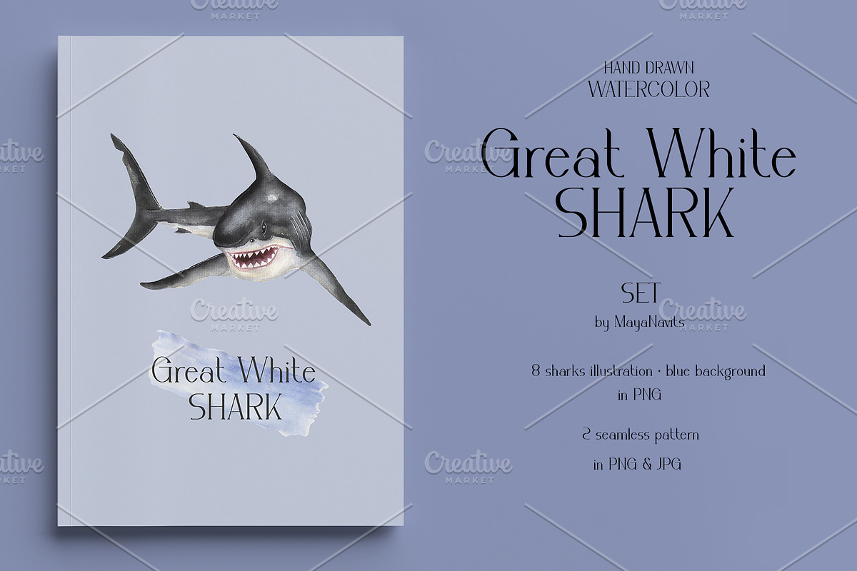 Watercolor Great White Sharks Set, an Animal Illustration by MayaNavits (Photo 2 of 7)