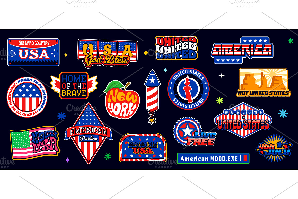 Retro Y2K USA American stickers, an Object Illustration by Vector Tradition
