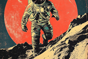 An astronaut walking on a rocky lunar surface with a large red circle in the ba, an Arts & Entertainment Photo by Textures & Backgrounds