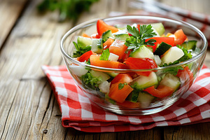 Fresh salad with vegetables in bowl, organic healthy food, a Food & Drink Photo by AlyaAnd