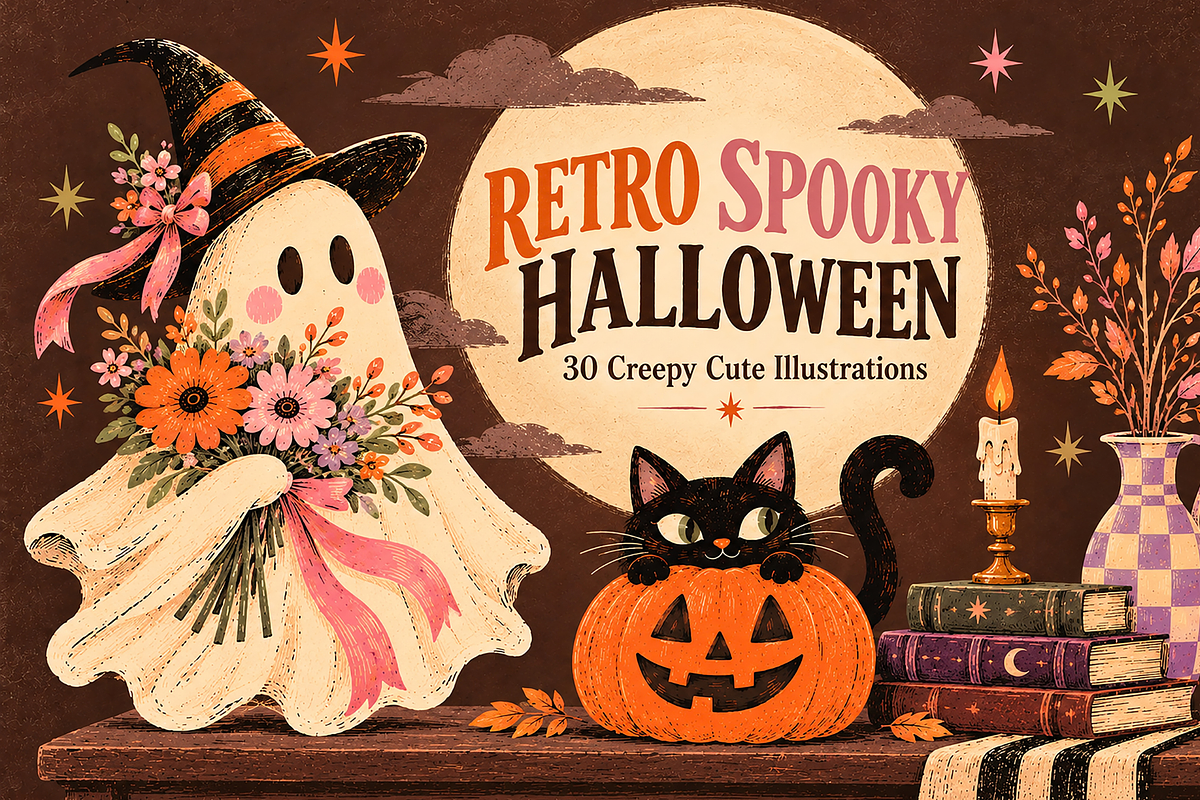 Retro Spooky Halloween Illustrations, a Background Graphic by MarisoArt (Photo 1 of 6)