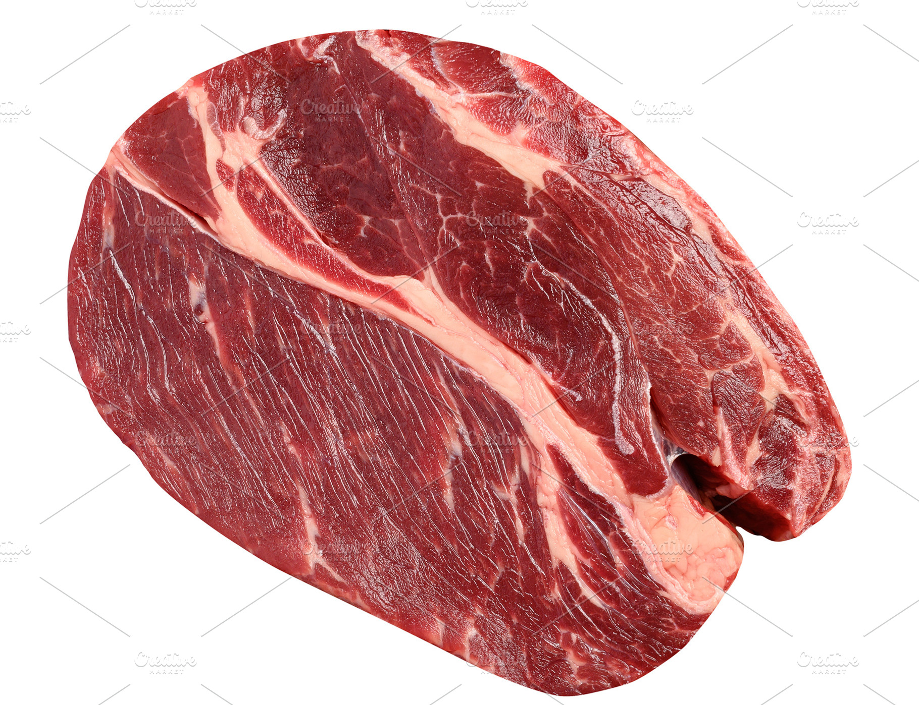 A fresh piece of raw marbled beef with pronounced fat layers and, a Food & Drink Photo by ndanko