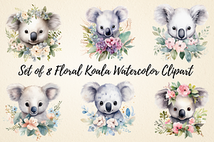 Floral Koala Watercolor Clipart