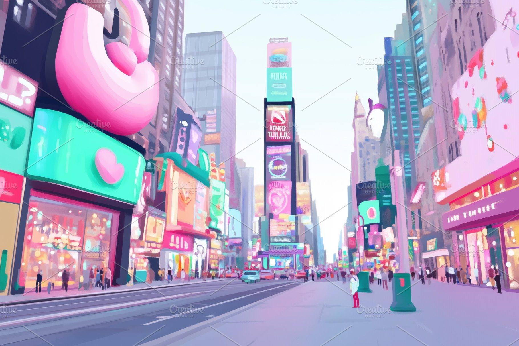 A vibrant, colorful illustration of a busy urban street scene, reminiscent of T, an Arts & Entertainment Photo by Textures & Backgrounds