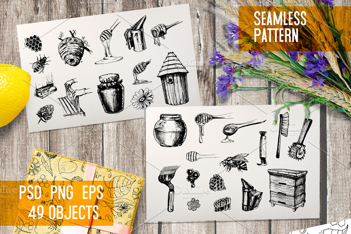 Beekeeping. Hand drawn ink set, a Food Illustration by Alena Kaz (Photo 2 of 4)