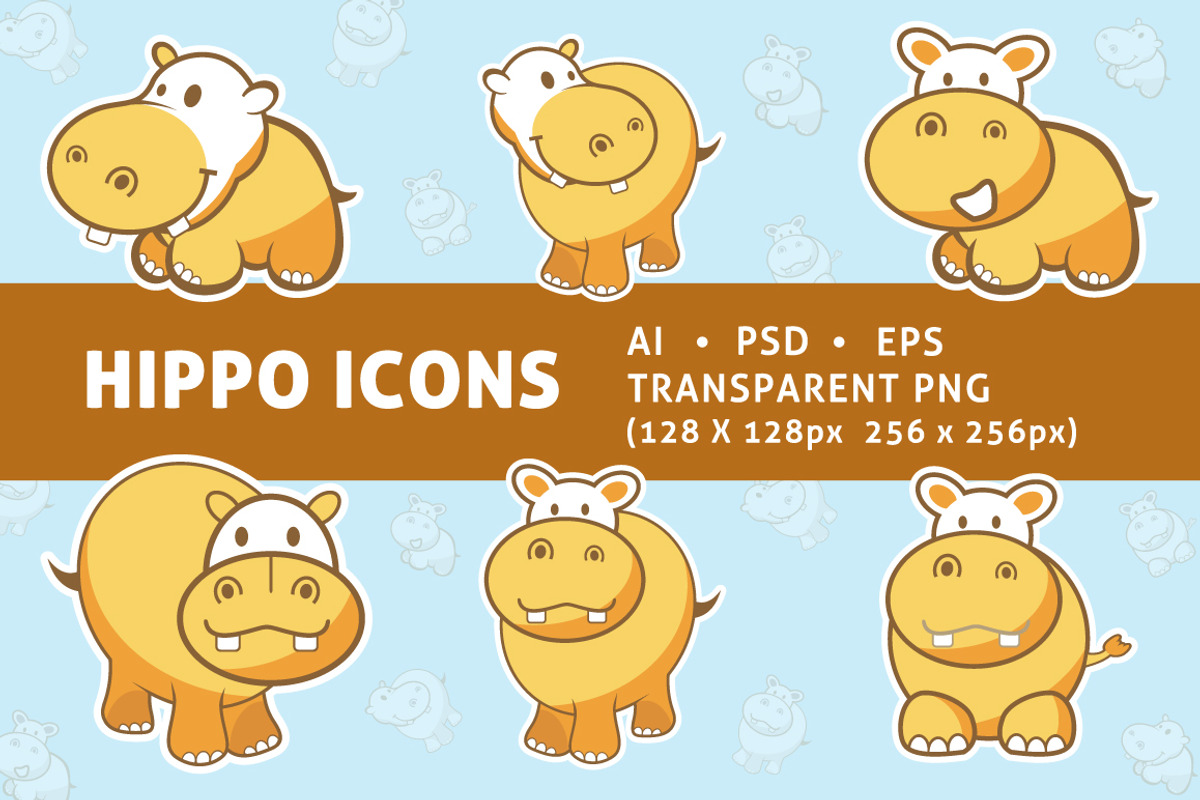 Cute Hippo Icons, an Animal Illustration by audeemirza (Photo 1 of 2)
