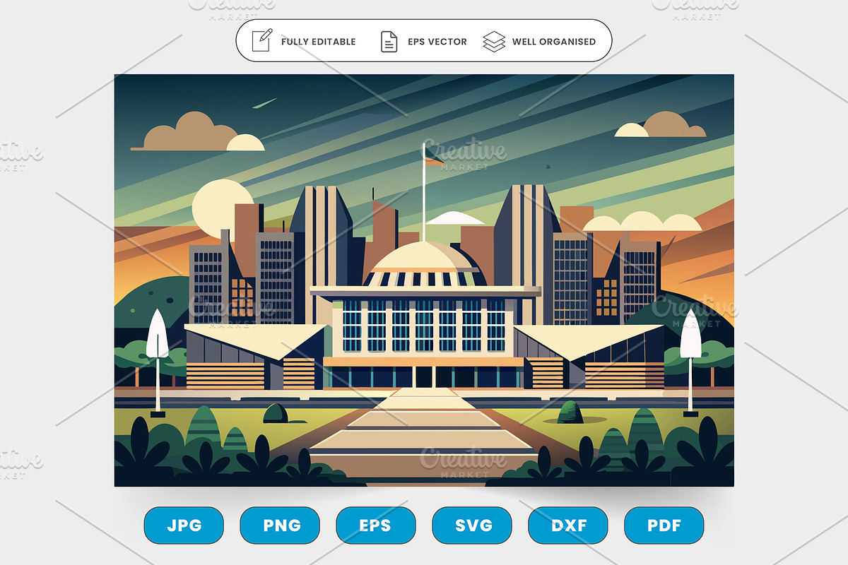 A cartoon building with a flag on to, a Graphic by SaroStock