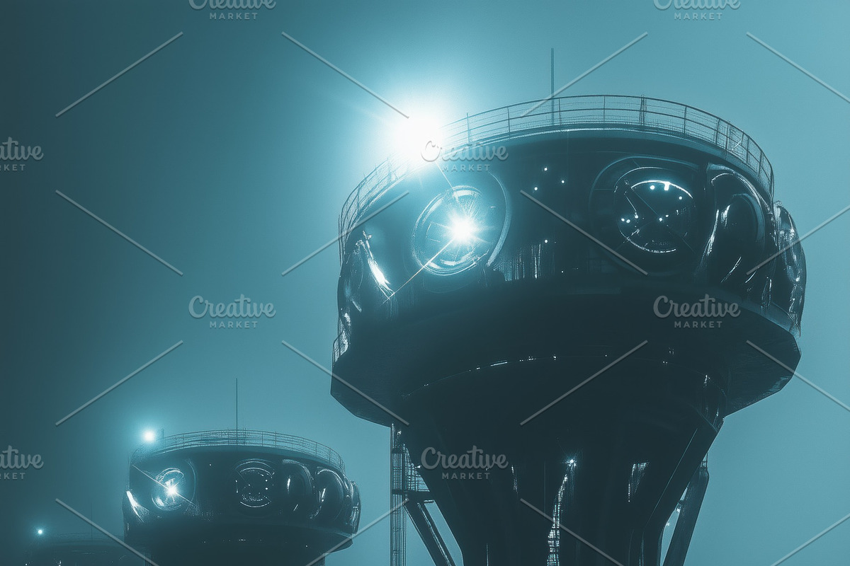 Futuristic underwater structures rising above turbulent ocean waves, illuminate, a Technology Illustration by Textures & Backgrounds