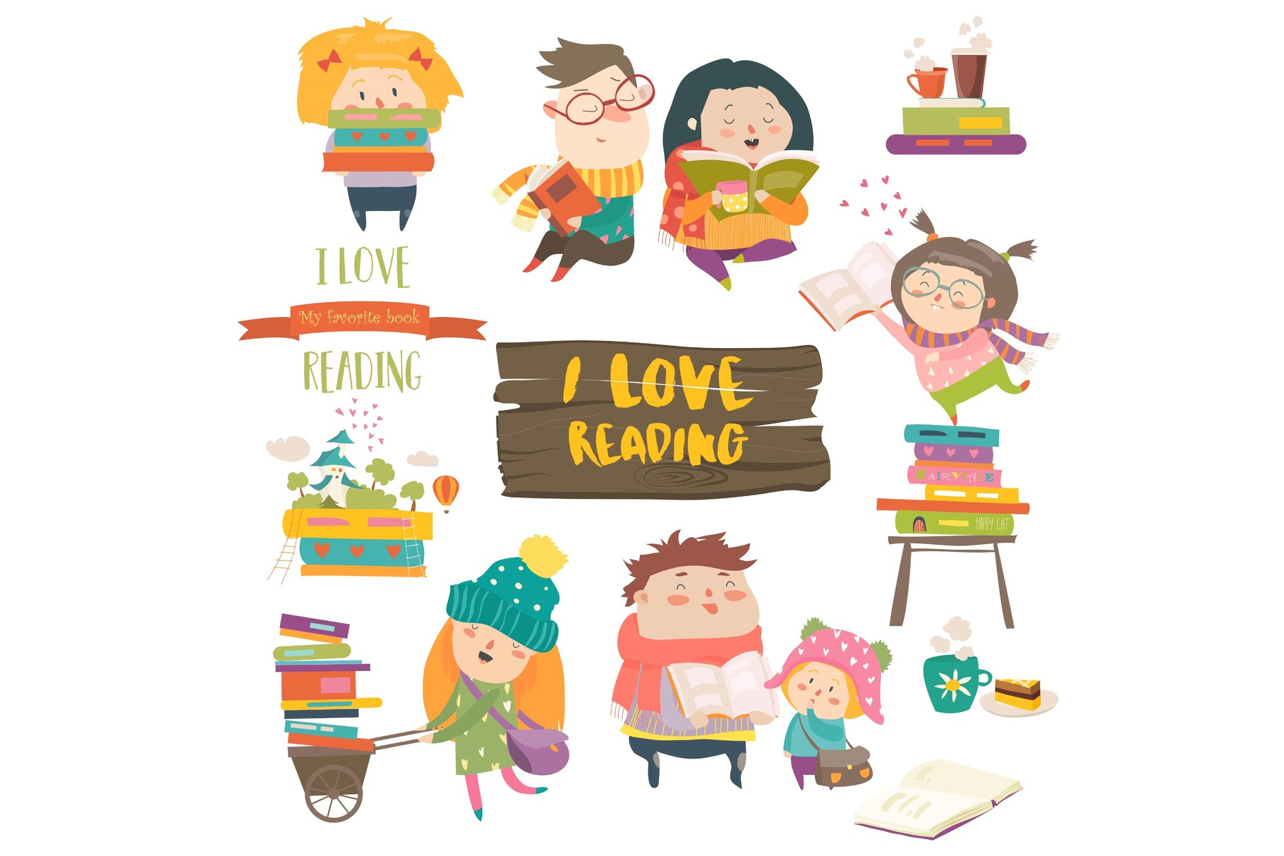 Set Of Cartoon Children Reading Books by Masastarus | Creative Market