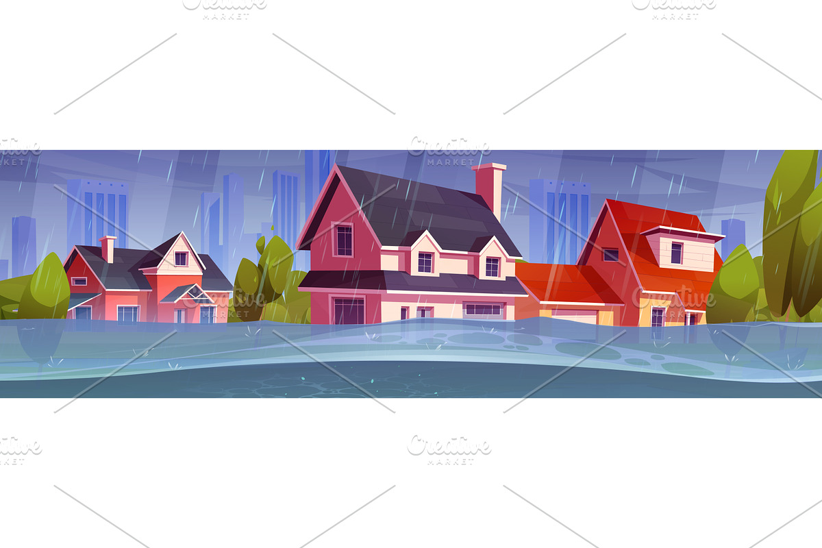 Flood disaster in residential area, an Object Illustration by art PVP - market
