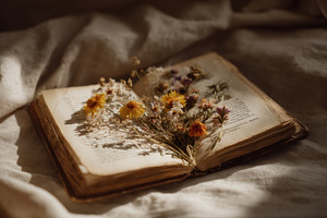 Open Book with Dried Flowers, a School & Education Photo by Virgo Studio