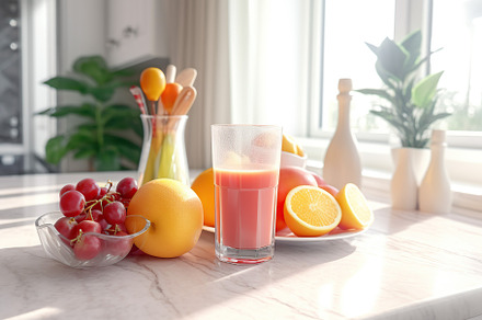 Glass of fresh juice with various fruits, a Food & Drink Photo by AlyaAnd