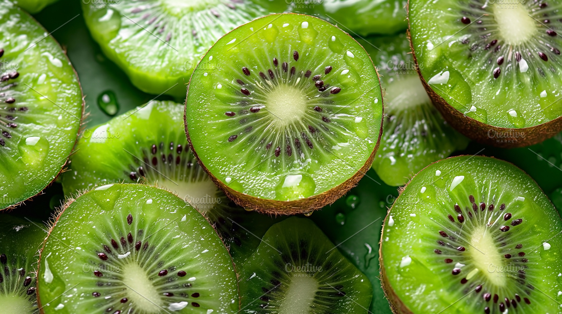 Fresh kiwi slices with droplets of water, showcasing vibrant gre, a Food & Drink Photo by ImageMir