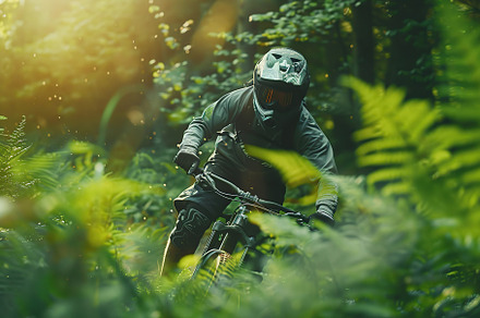Cyclist on mountain bike riding on a bike on forest path, a Sports & Recreation Photo by AlyaAnd