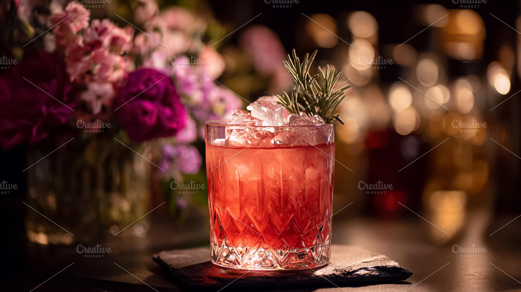 Red cocktail with ice and rosemary garnish, sitting on a dark co, a Photo by Studio ANNA