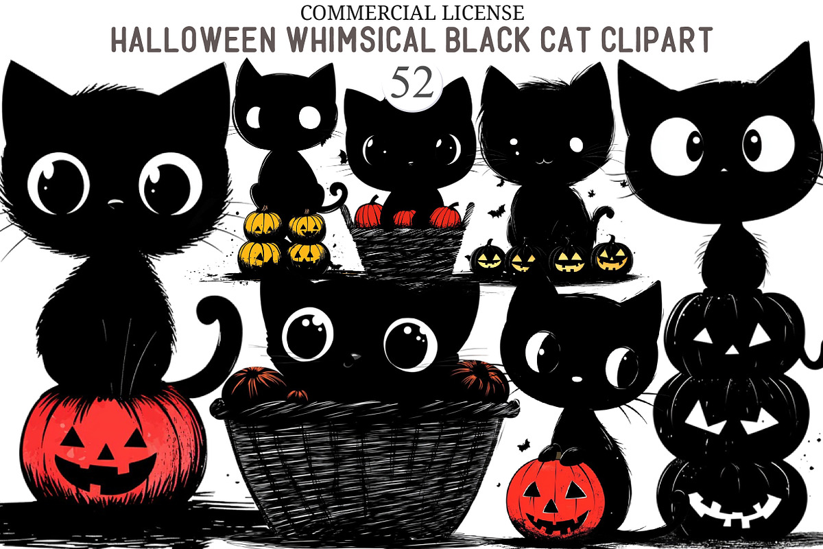 Whimsical Halloween Black Cat Clipar, an Animal Illustration by designcity5 (Photo 1 of 5)