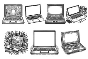 Laptop engraving set vector, a Technology Illustration by AlexArt