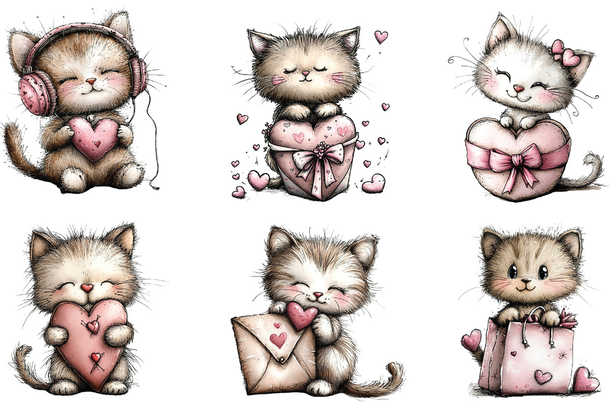 Whimsical Valentine Cats Clipart, an Illustration by CraftArtStudio (Photo 3 of 6)