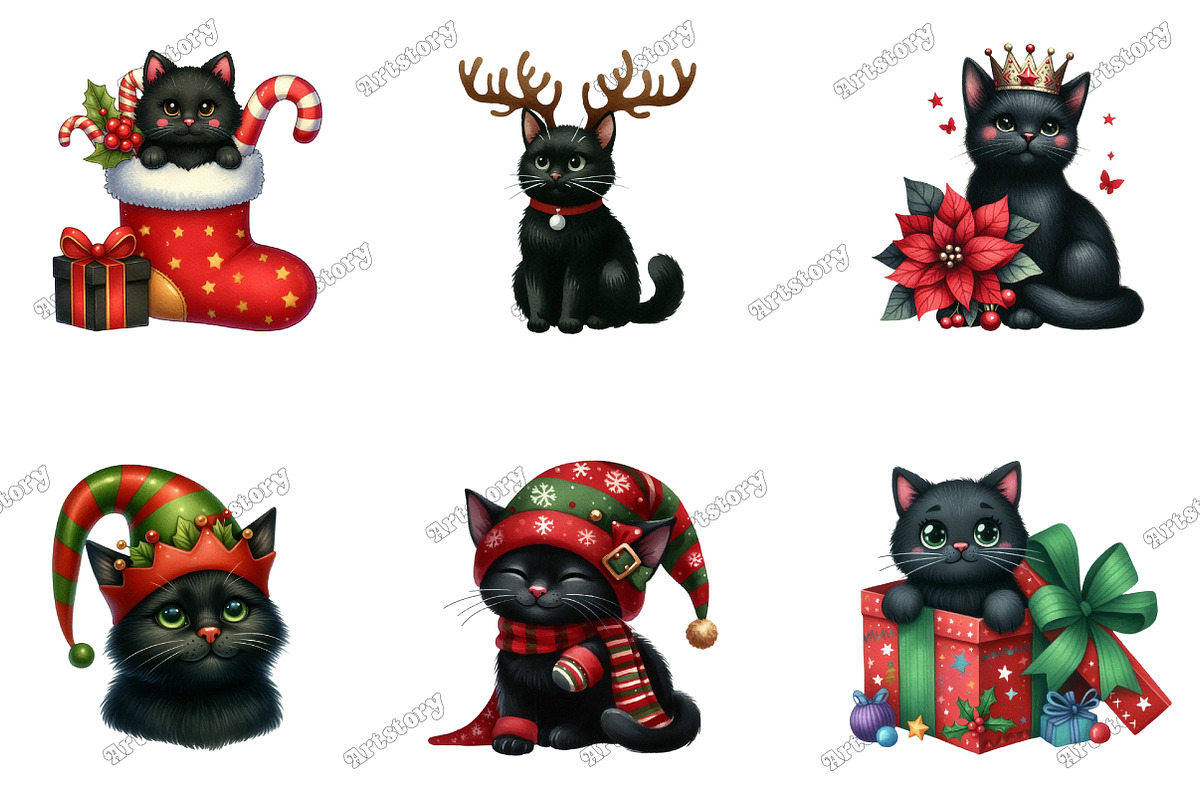 Quirky Christmas Black Cat Clipart, an Illustration by designcity5 (Photo 3 of 5)
