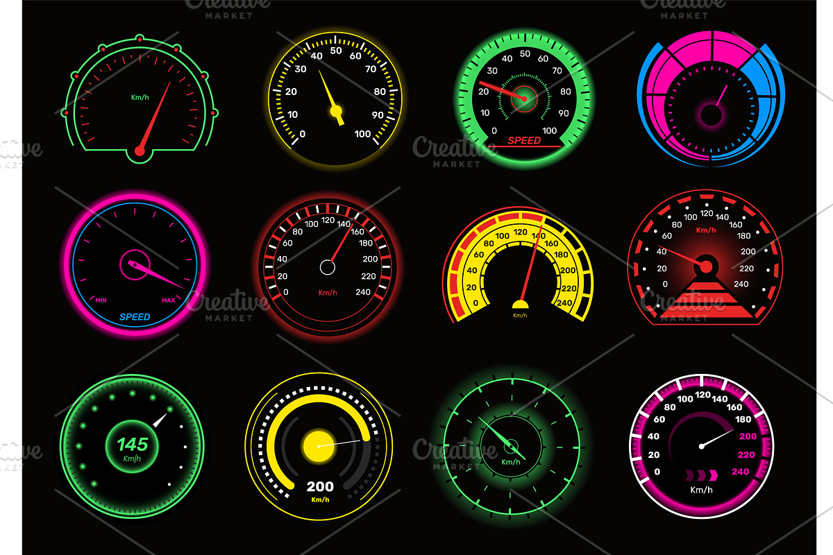 Auto speedometer. Glowing car tablo, a Transportation Illustration by YummyBuum