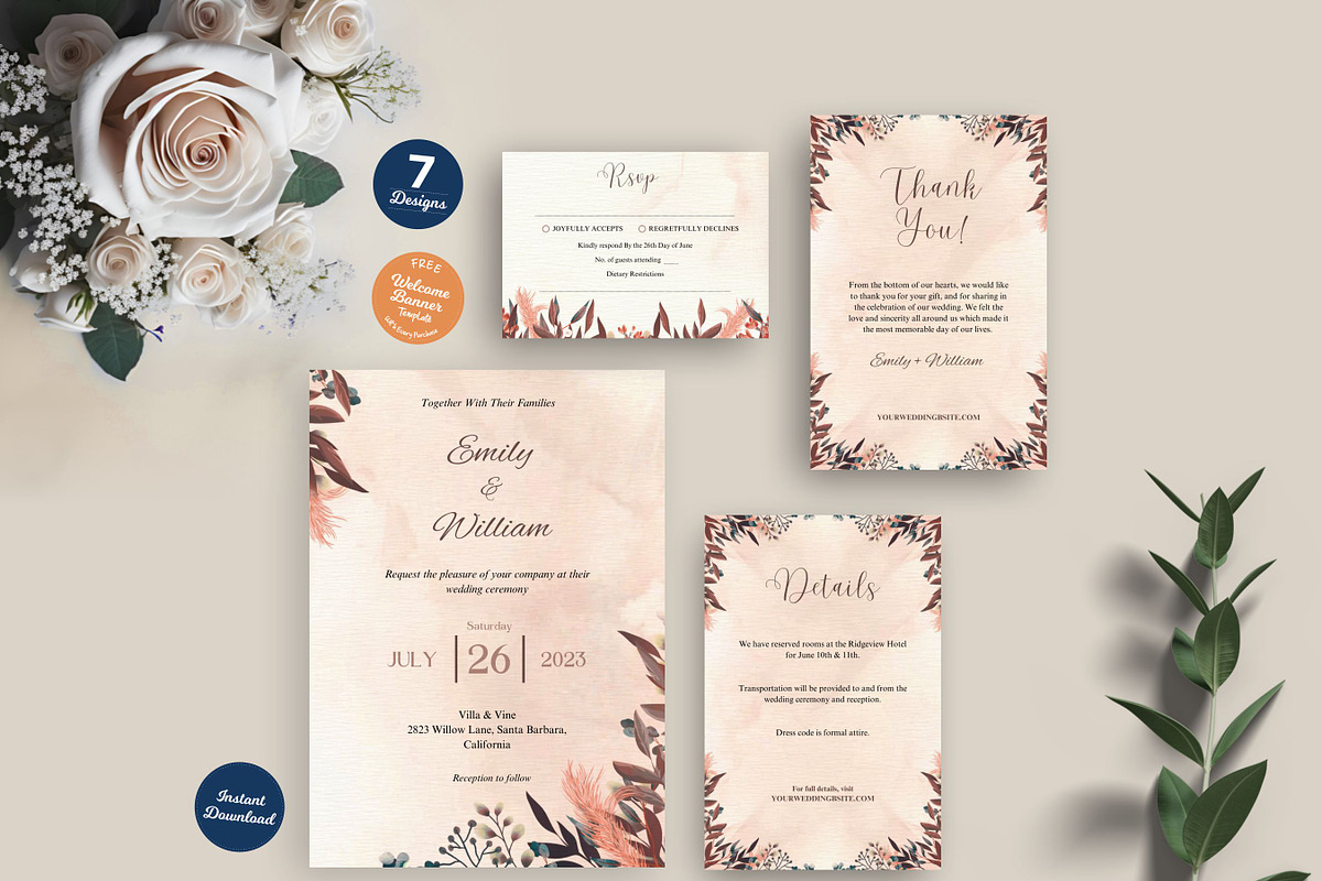 Boho Floral Wedding invite Set Canva, an Invitation Template by Aks-Designs (Photo 1 of 6)