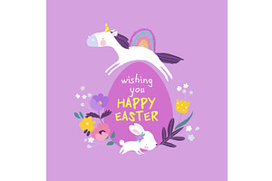 Cute Unicorn, Easter Bunny And