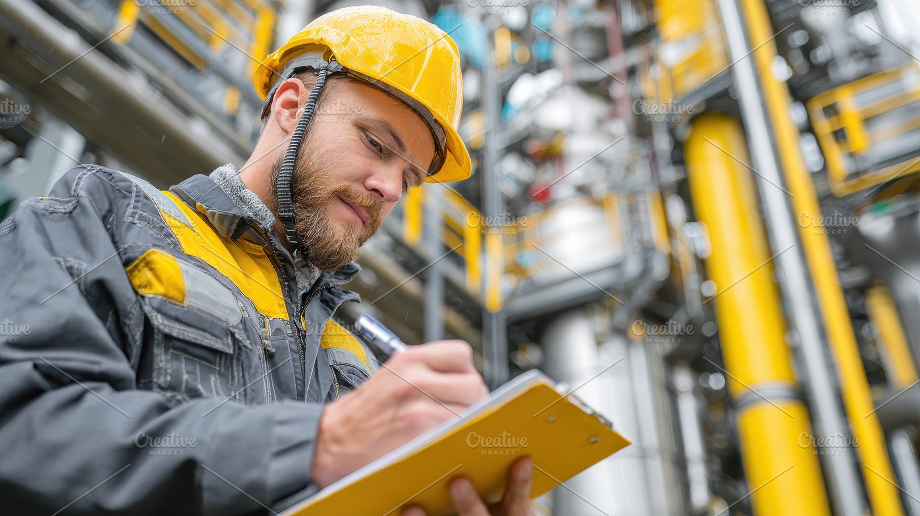 Industrial Worker Writing Notes Safe, a Photo by Pixeness Studio