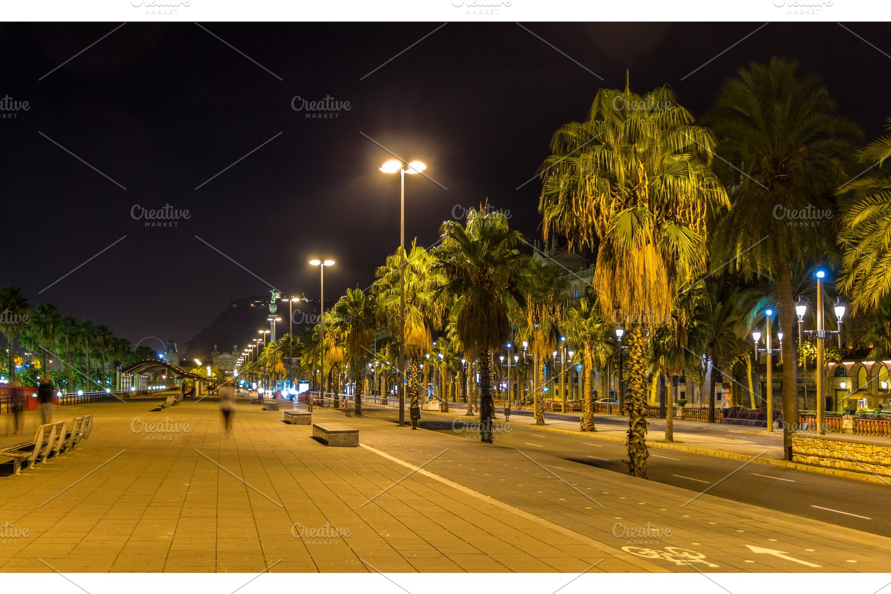 Barcelona embankment in night - Catalonia, Spain, an Architecture Photo by Leonid Andronov