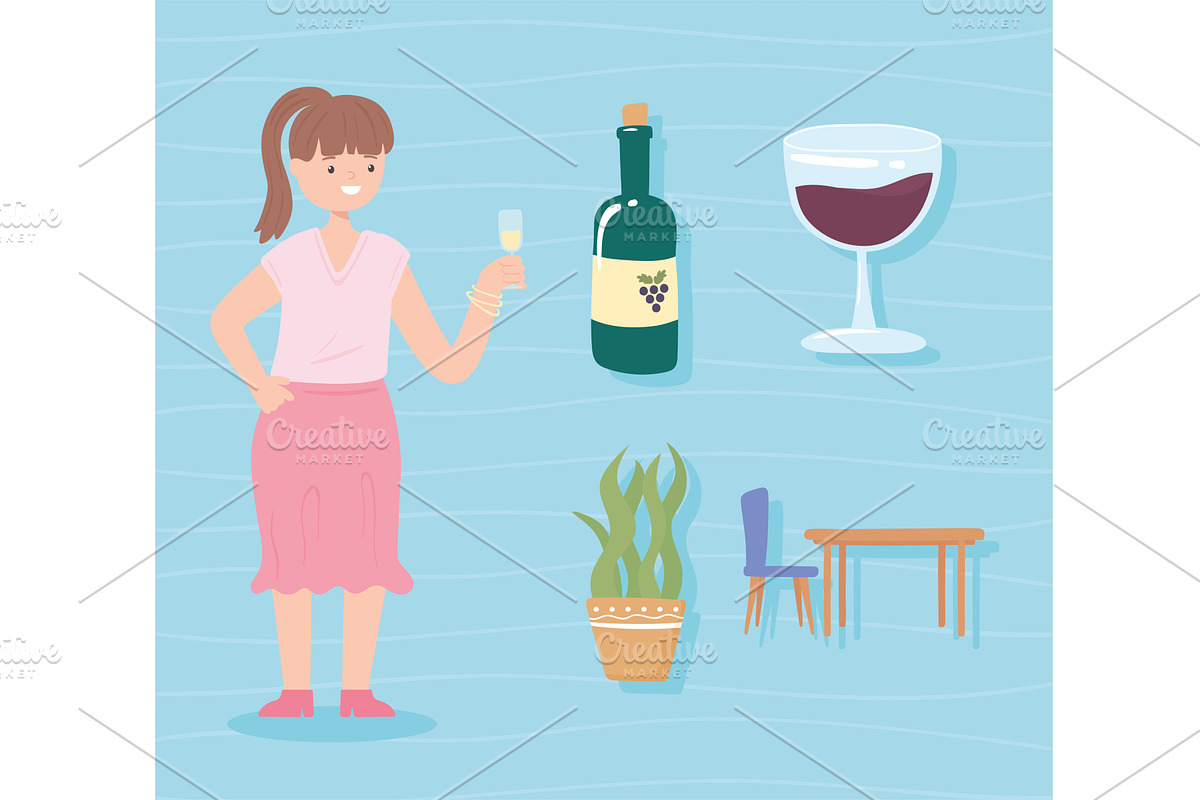 set of woman and drink, a Person Illustration by studiogstock