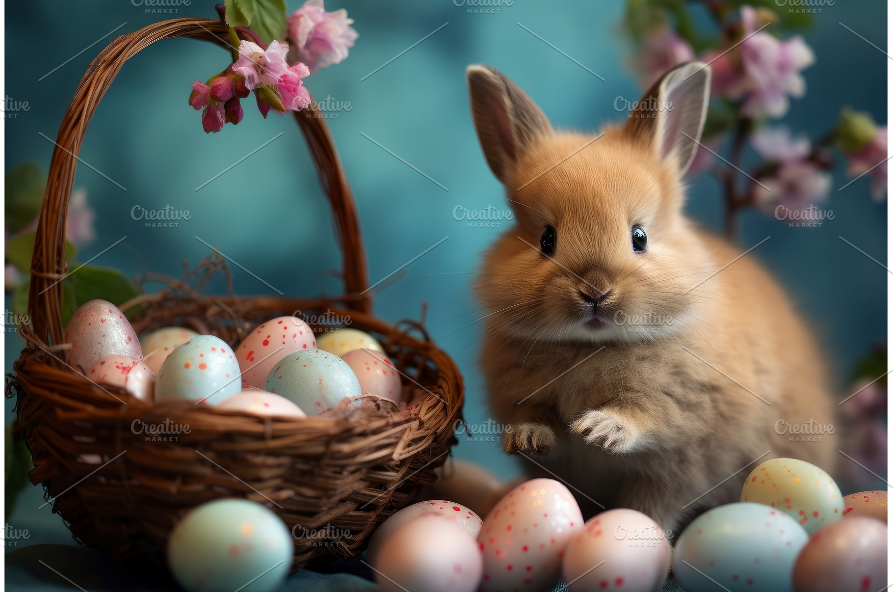 Excited Little Easter rabbit on eggs, a Holiday Photo by Ylivdesign