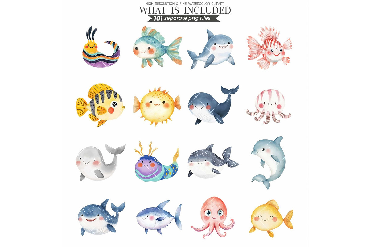 Cute Sea Animals Watercolor Clipart, an Animal Illustration by CharmClipart (Photo 6 of 9)