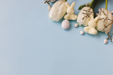 Happy Easter! Modern easter eggs, tulips and bunnies flat lay on, a Holiday Photo by Sonjachni