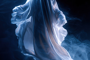 Ethereal figure shrouded in mist with flowing fabric in a dark, mysterious sett, an Arts & Entertainment Photo by AlyaAnd