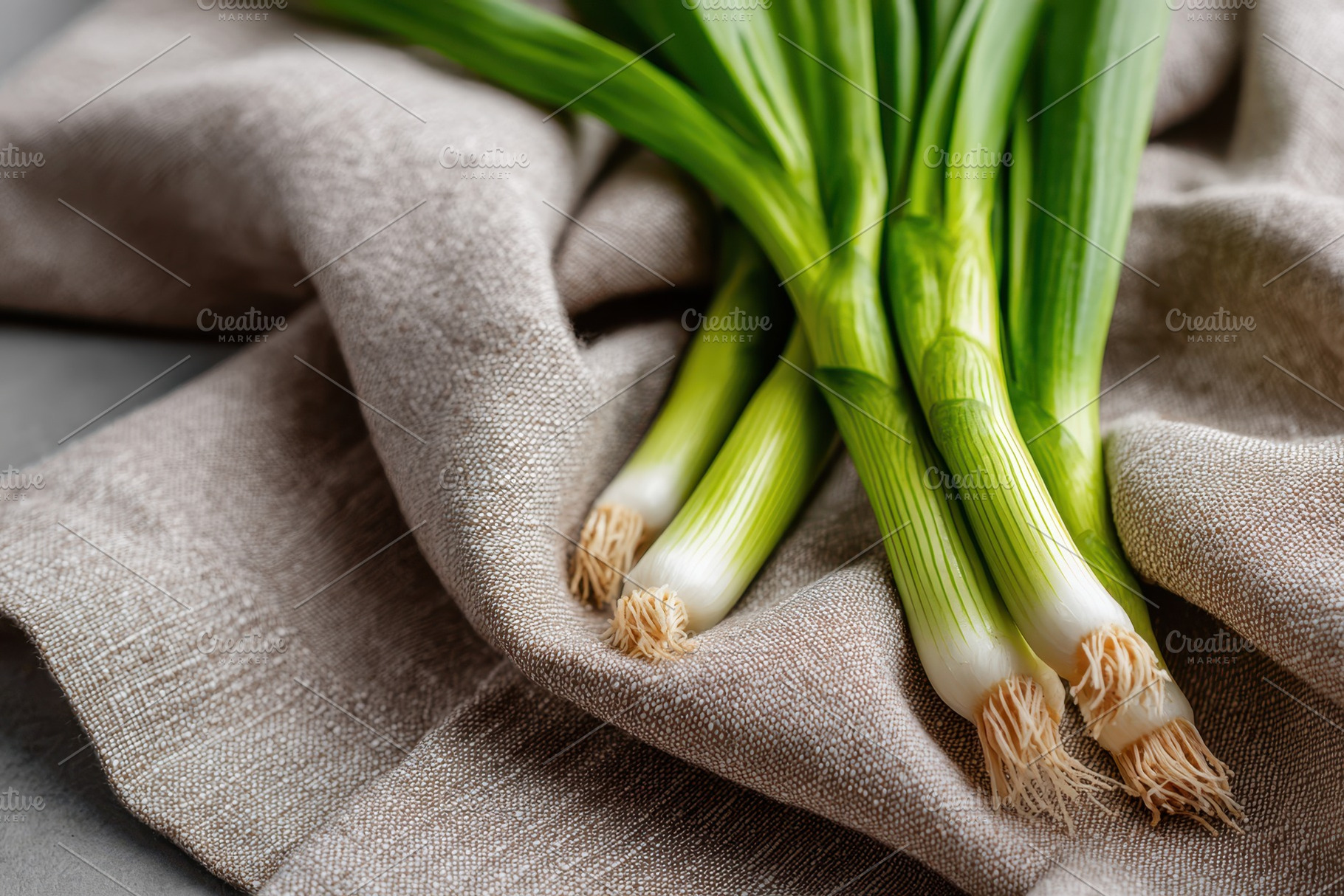 Fresh green onions on linen cloth, a Food & Drink Photo by AlyaAnd