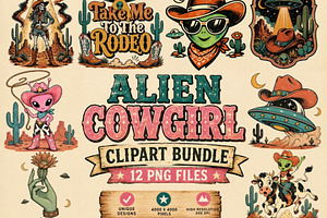 Alien Cowgirl Clipart Bundle, a Technology Illustration by Tanya Kart