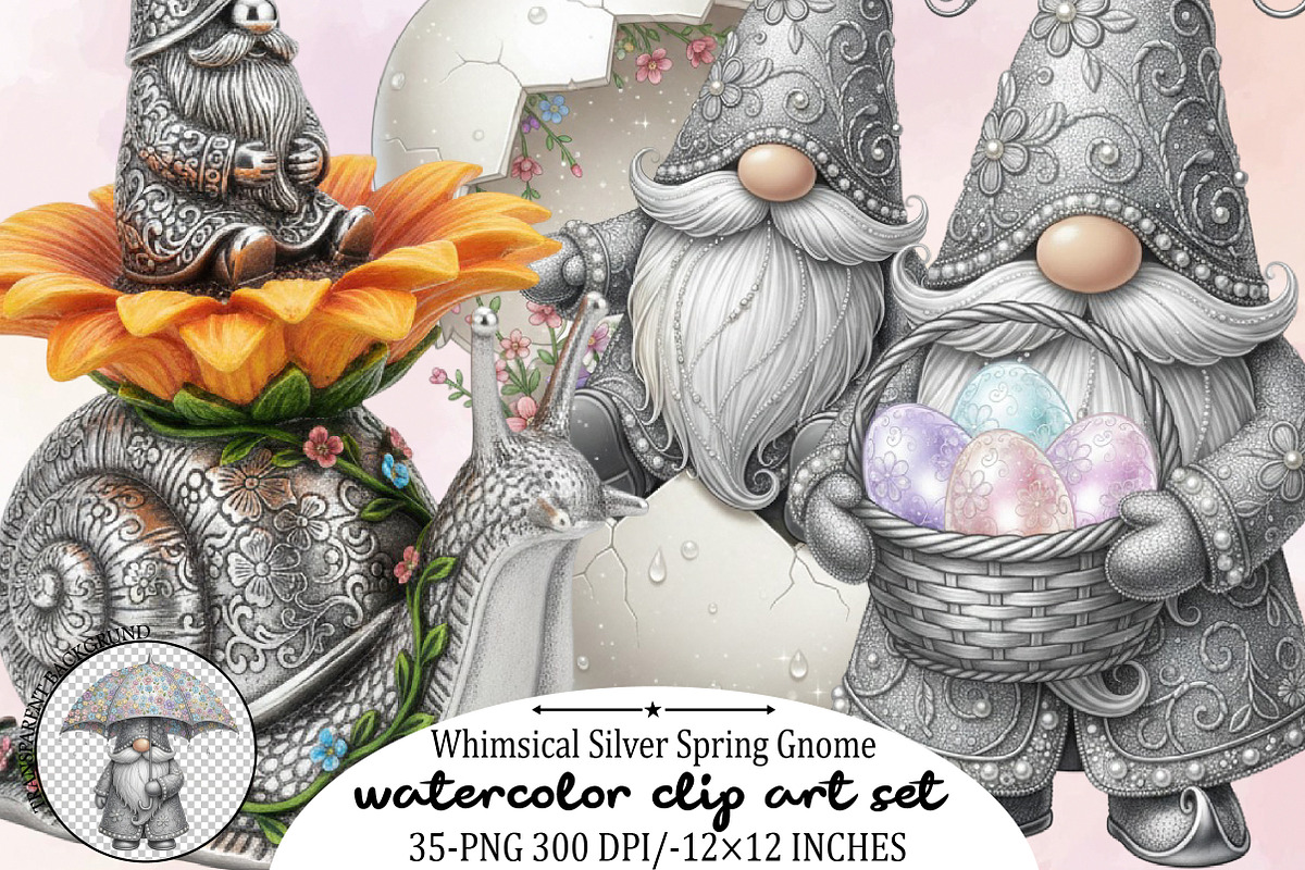 Whimsical Silver Spring Gnome Clipar, an Illustration by SVGArt (Photo 1 of 9)